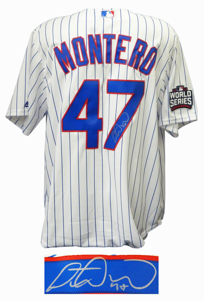 Miguel Montero Signed Chicago Cubs White Pinstripe 2016 World Series Patch Jersey
