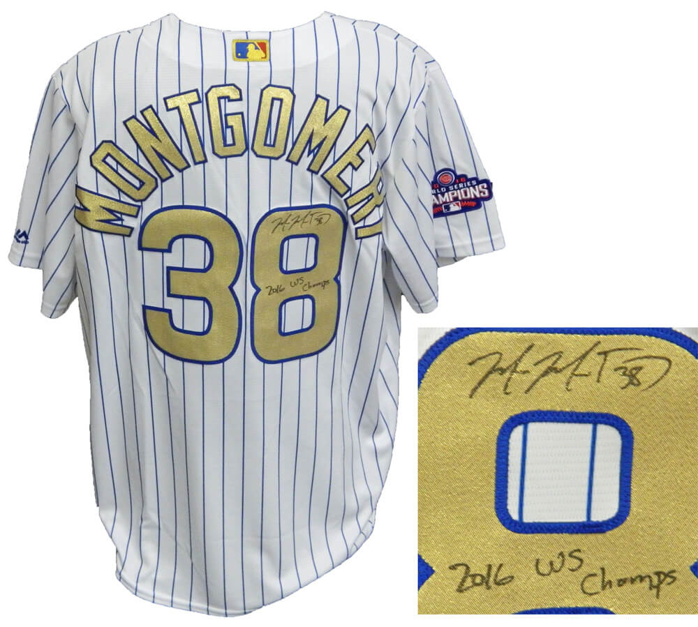 Mike Montgomery Signed Chicago Cubs White Pinstripe Gold World Series Champs Majestic Jersey w/2016 WS Champs