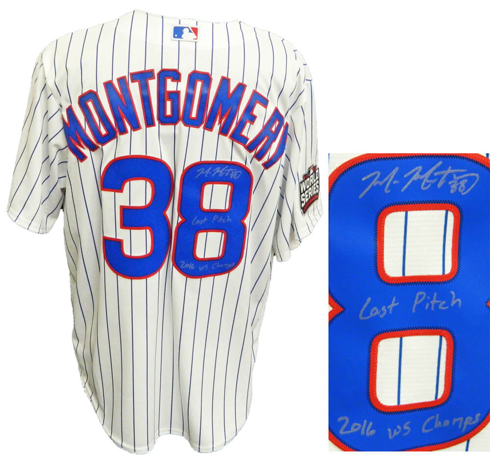 Mike Montgomery Signed Chicago Cubs White Pinstripe 2016 World Series Patch Majestic Jersey w/Last Pitch, 16 WS Champs