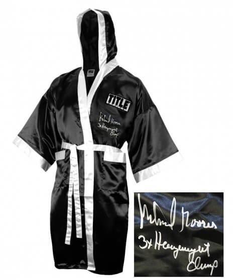 Michael Moorer Signed Title Black Full Length Boxing Robe w/3x Heavyweight Champ