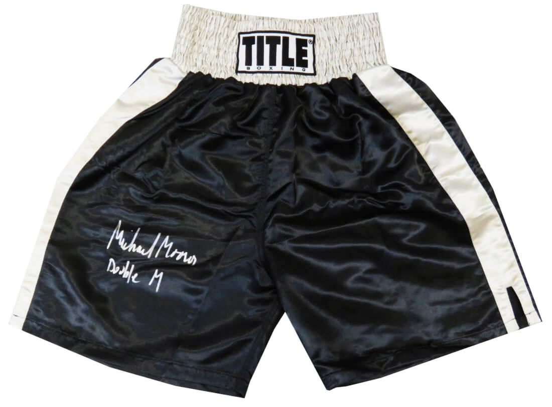 Michael Moorer Signed Title Black With Silver Waist Boxing Trunks w/Double M
