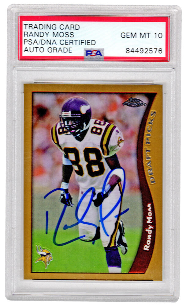 Randy Moss Signed Vikings 1998 Topps Chrome Rookie Card #35 (PSA/DNA Encapsulated - Auto Grade 10)