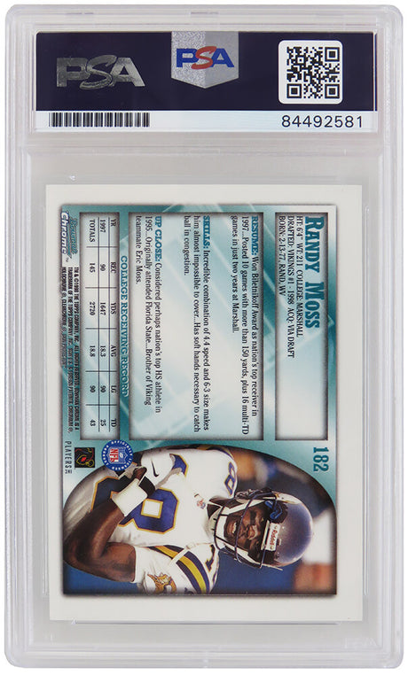 Randy Moss Signed Vikings 1998 Bowman Chrome Rookie Card #182 (PSA/DNA Encapsulated - Auto Grade 10)