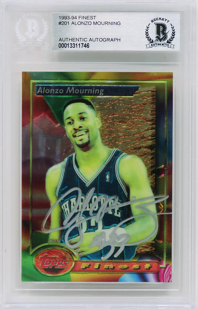 Alonzo Mourning Signed Charlotte Hornets 1993-94 Topps Finest Basketball Card #201 - (Beckett Encapsulated)