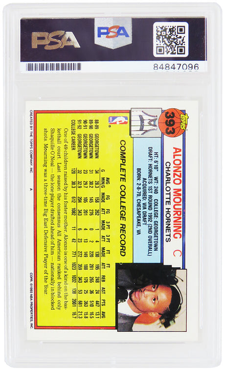 Alonzo Mourning Signed Charlotte Hornets 1992-93 Topps Rookie Basketball Card #393 (PSA Encapsulated - Auto Grade 10)