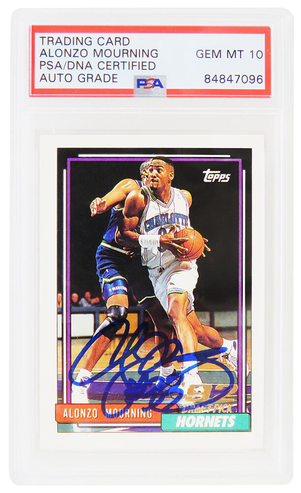 Alonzo Mourning Signed Charlotte Hornets 1992-93 Topps Rookie Basketball Card #393 (PSA Encapsulated - Auto Grade 10)