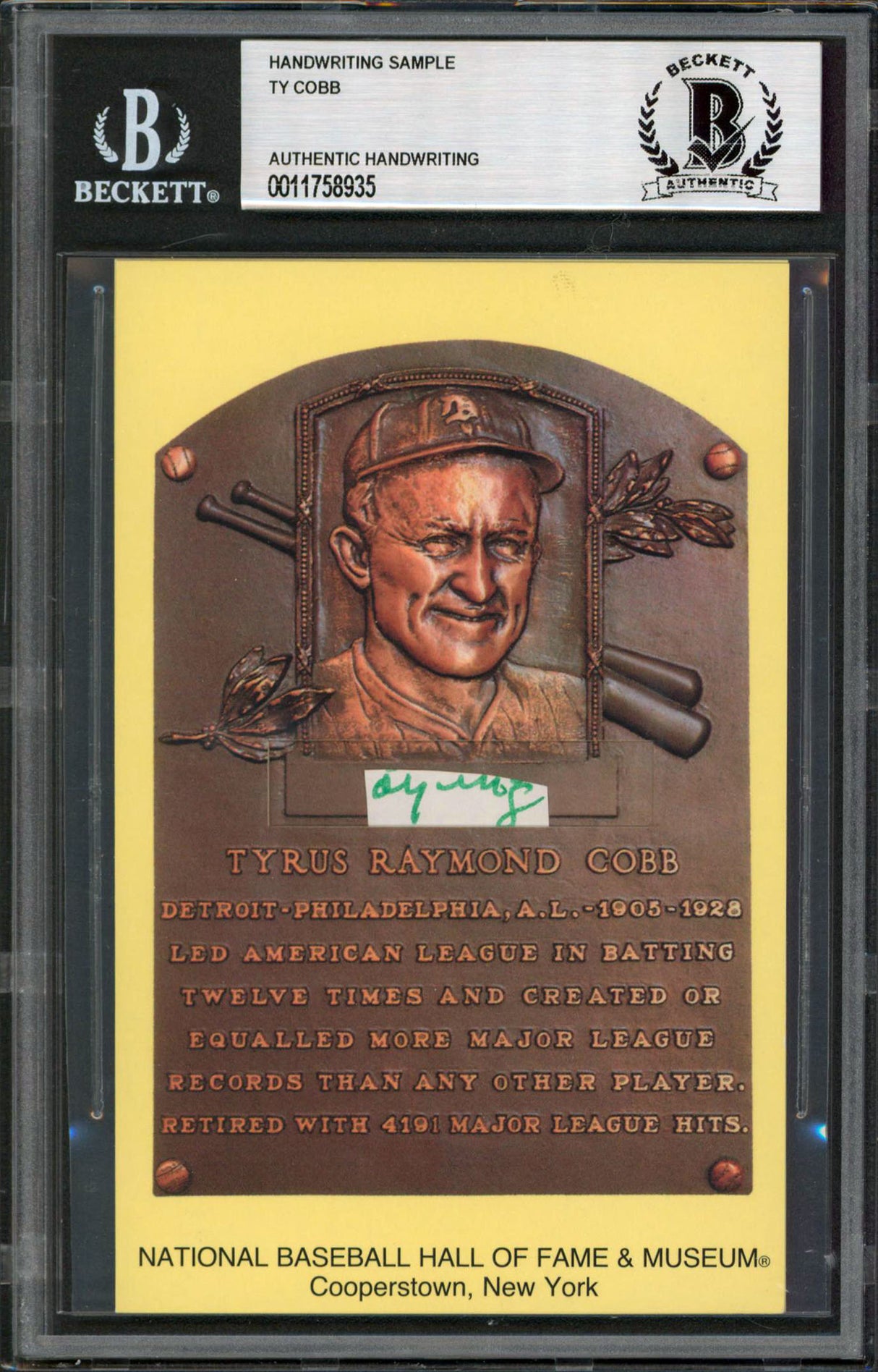 Tigers Ty Cobb Writing Sample 3.5x5.5 HOF Plaque Postcard BAS Slabbed 9