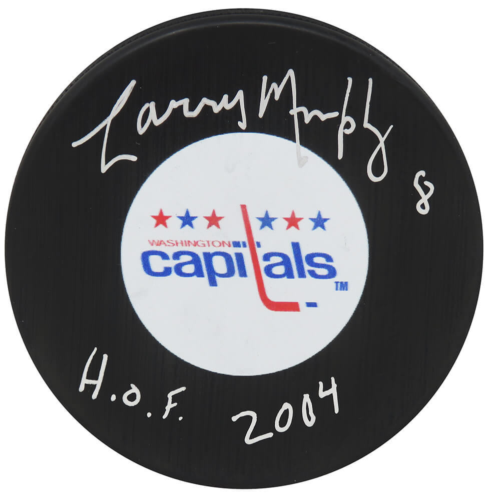 Larry Murphy Signed Washington Capitols Logo Hockey Puck w/HOF 2004