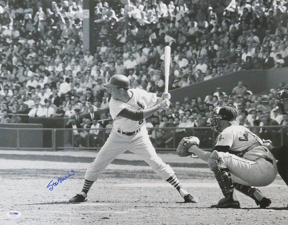 Stan Musial Signed Cardinals Batting B&W Action 16x20 Photo - (PSA/DNA)