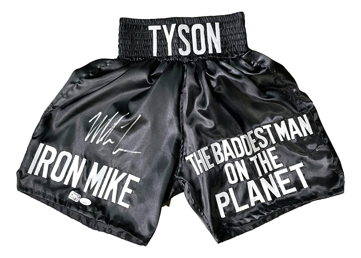 Mike Tyson Signed Custom Black Baddest Man Boxing Trunks JSA ITP