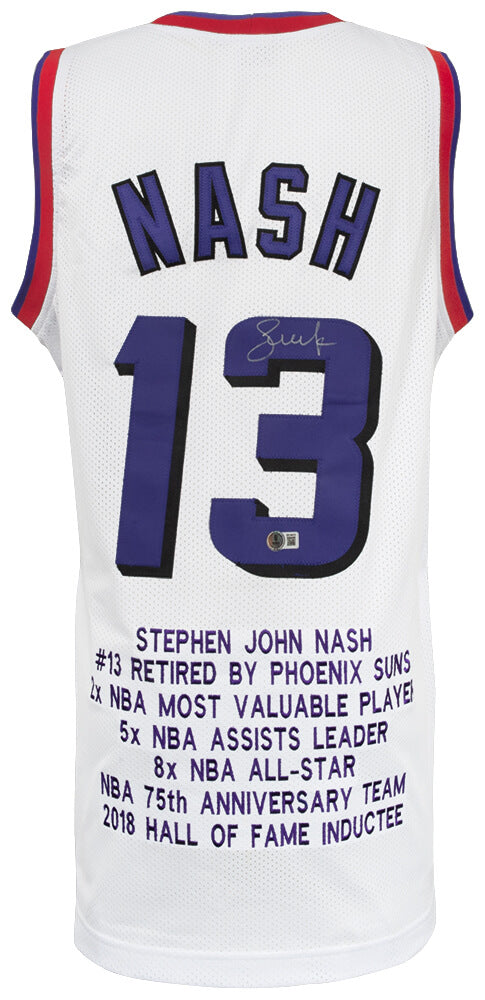 Steve Nash Signed White Embroidered Stat Basketball Custom Jersey - (Beckett)
