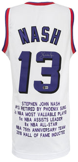 Steve Nash Signed White Embroidered Stat Basketball Custom Jersey - (Beckett)