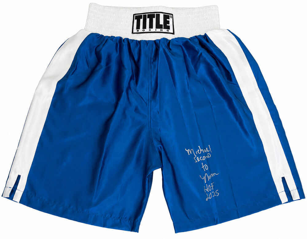 Michael Nunn Signed Title Blue With White Trim Boxing Trunks w/HOF 2025
