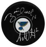 Brett Hull & Adam Oates Dual Signed St. Louis Blues Logo Hockey Puck