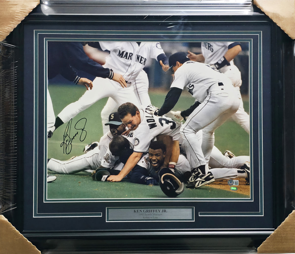 Ken Griffey Jr. Autographed Framed 16x20 Photo Seattle Mariners The Dogpile Beckett BAS QR #BA78429