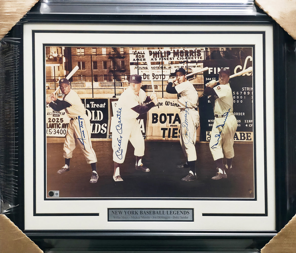 New York Baseball Legends Autographed Framed 16x20 Photo With 4 Signatures Including Mickey Mantle & Joe DiMaggio Beckett BAS #AG020310