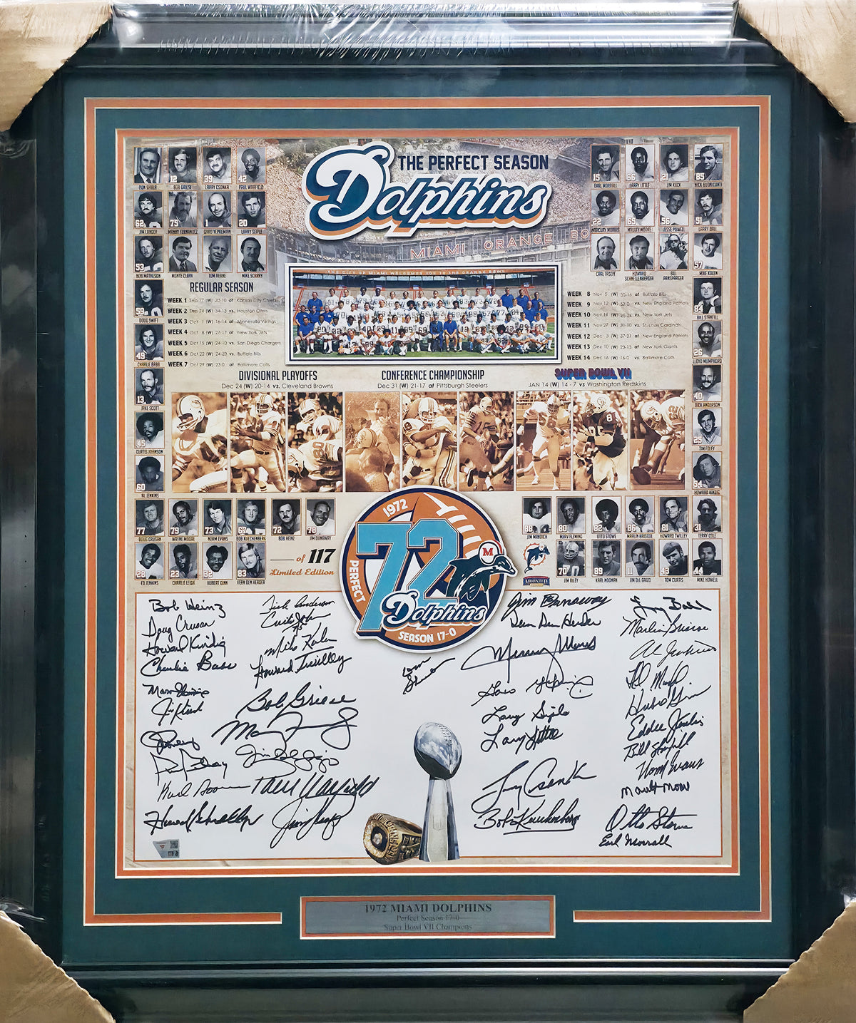 1972 Miami Dolphins Perfect Season Team Autographed Framed 20x24 Photo With 40+ Signatures Including Don Shula & Bob Griese Fanatics Holo #PV38508475