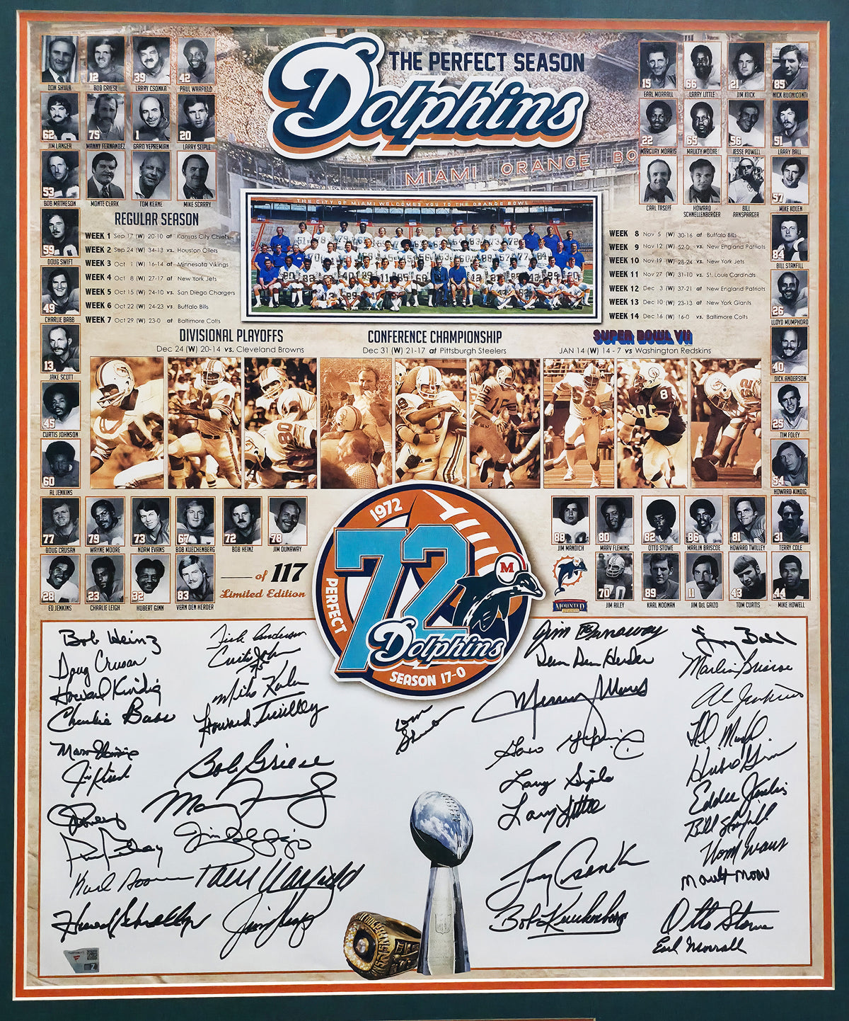 1972 Miami Dolphins Perfect Season Team Autographed Framed 20x24 Photo With 40+ Signatures Including Don Shula & Bob Griese Fanatics Holo #PV38508475