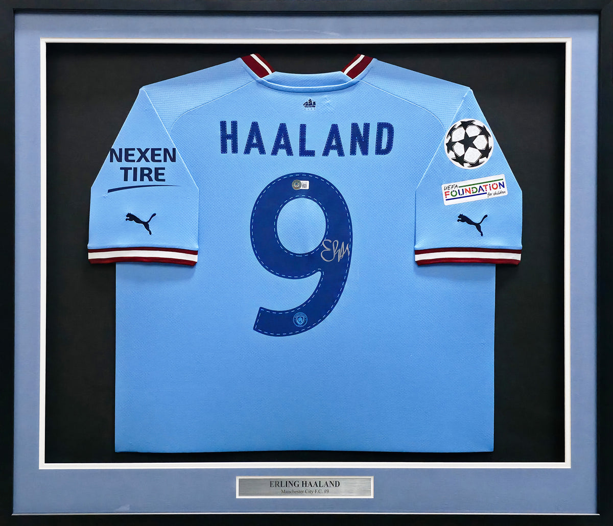 Manchester City Erling Haaland Autographed Framed Blue UEFA Puma Jersey Beckett BAS Witness #W111395