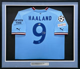Manchester City Erling Haaland Autographed Framed Blue UEFA Puma Jersey Beckett BAS Witness #W111395