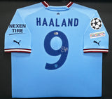 Manchester City Erling Haaland Autographed Framed Blue UEFA Puma Jersey Beckett BAS Witness #W111395
