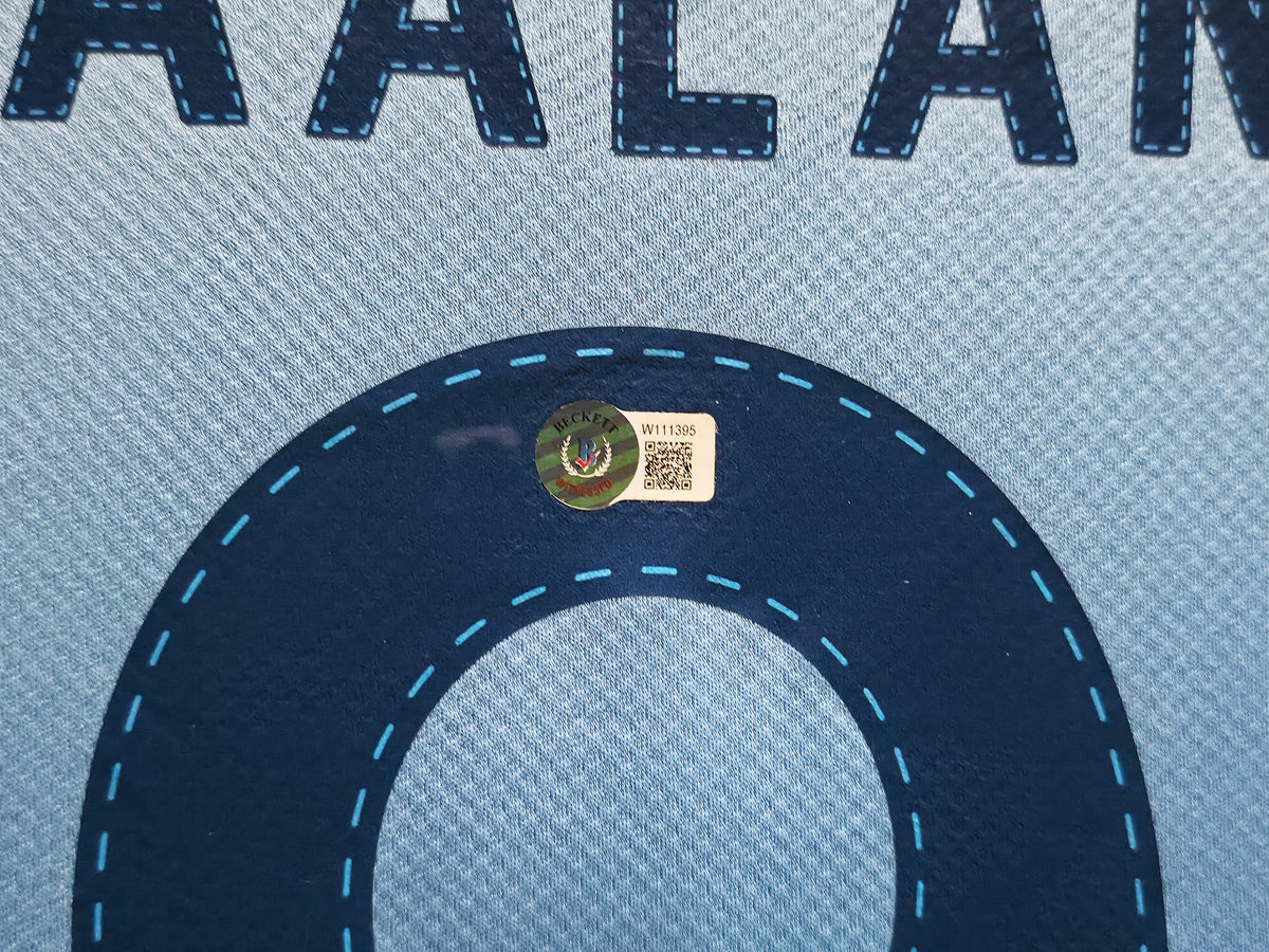 Manchester City Erling Haaland Autographed Framed Blue UEFA Puma Jersey Beckett BAS Witness #W111395