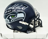 Mike Macdonald Autographed Seattle Seahawks Blue Super Bowl LX Champions Logo Speed Mini Helmet "We Did Not Care" Beckett BAS Witness #4W869563