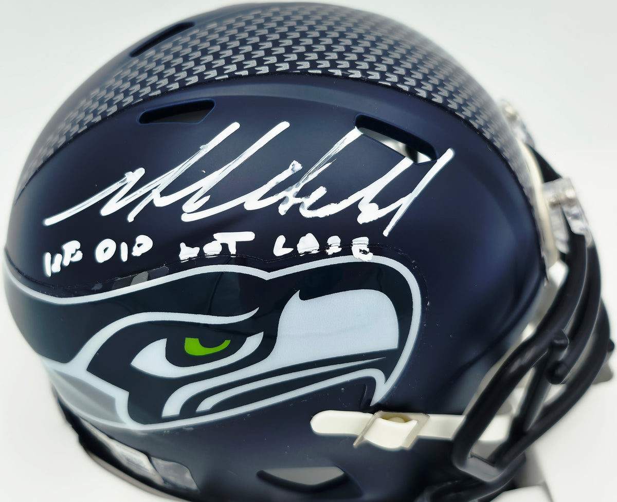 Mike Macdonald Autographed Seattle Seahawks Blue Super Bowl LX Champions Logo Speed Mini Helmet "We Did Not Care" Beckett BAS Witness #4W869563