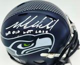 Mike Macdonald Autographed Seattle Seahawks Blue Super Bowl LX Champions Logo Speed Mini Helmet "We Did Not Care" Beckett BAS Witness #4W869563
