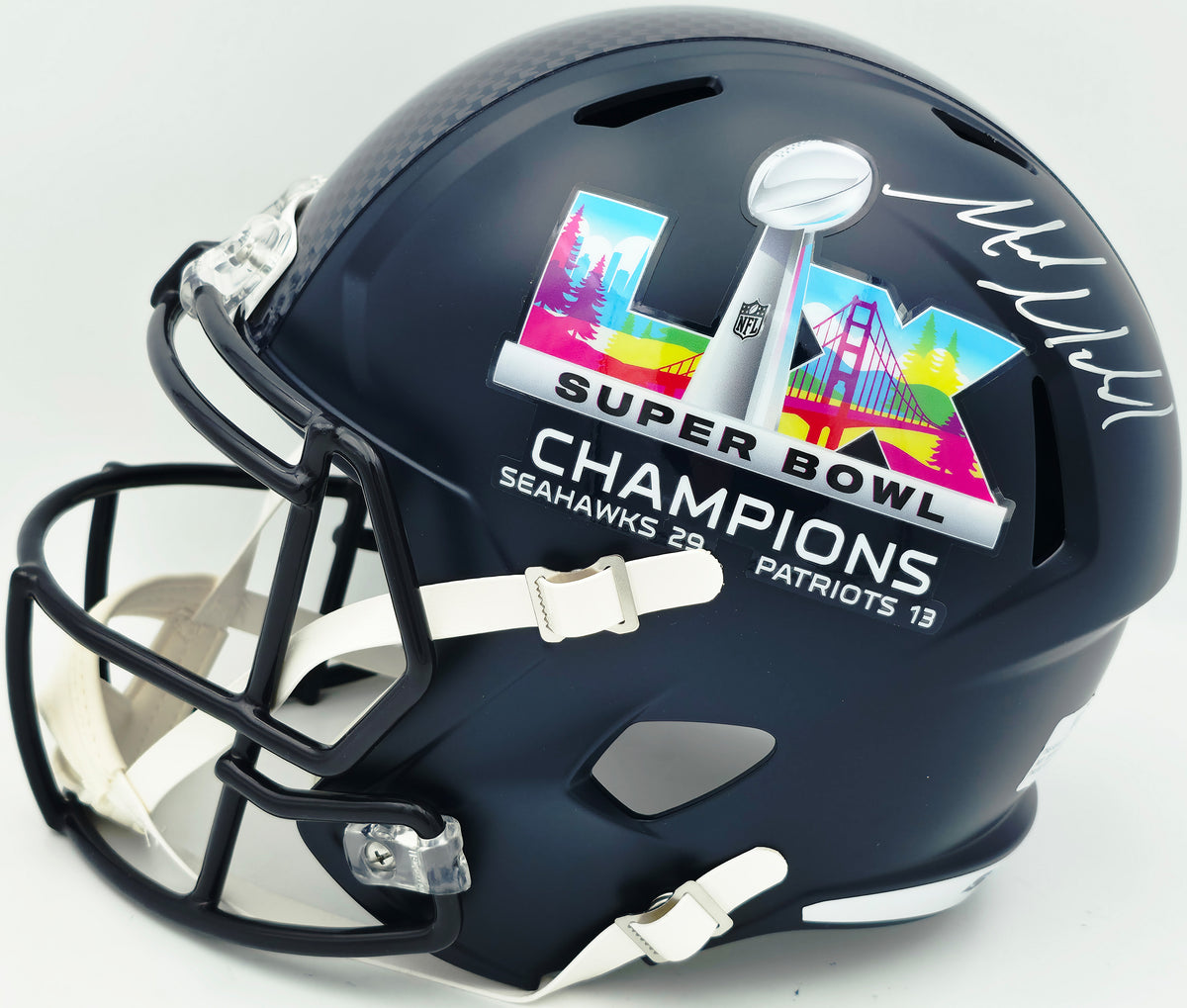Mike Macdonald Autographed Seattle Seahawks Blue Full Size Super Bowl LX Champions Logo Speed Replica Helmet (Signed Twice) Beckett BAS Witness #4W801973