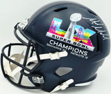 Mike Macdonald Autographed Seattle Seahawks Blue Full Size Super Bowl LX Champions Logo Speed Replica Helmet (Signed Twice) Beckett BAS Witness #4W801973