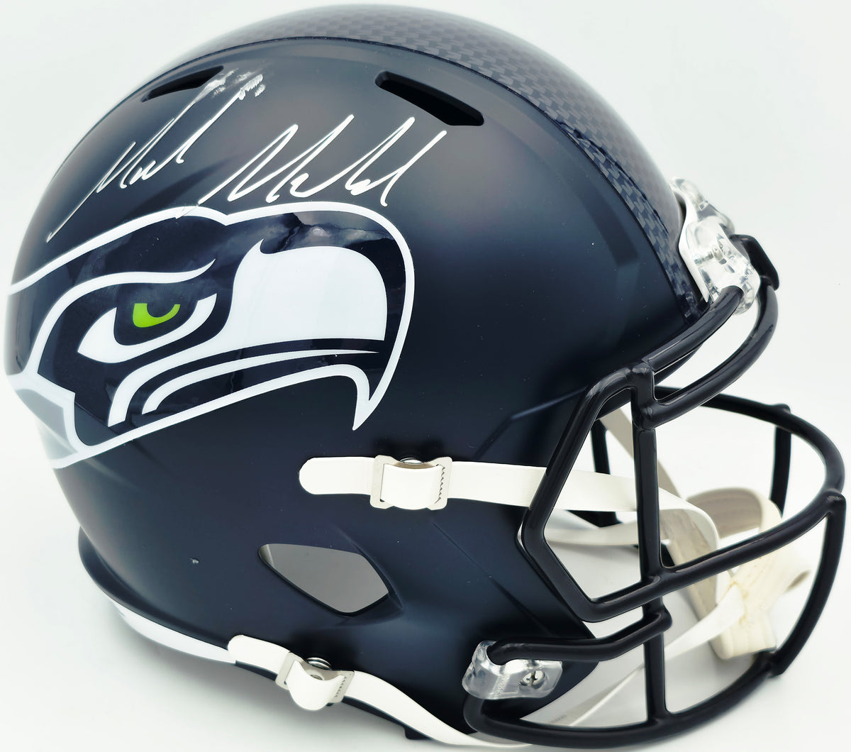 Mike Macdonald Autographed Seattle Seahawks Blue Full Size Super Bowl LX Champions Logo Speed Replica Helmet (Signed Twice) Beckett BAS Witness #4W801973