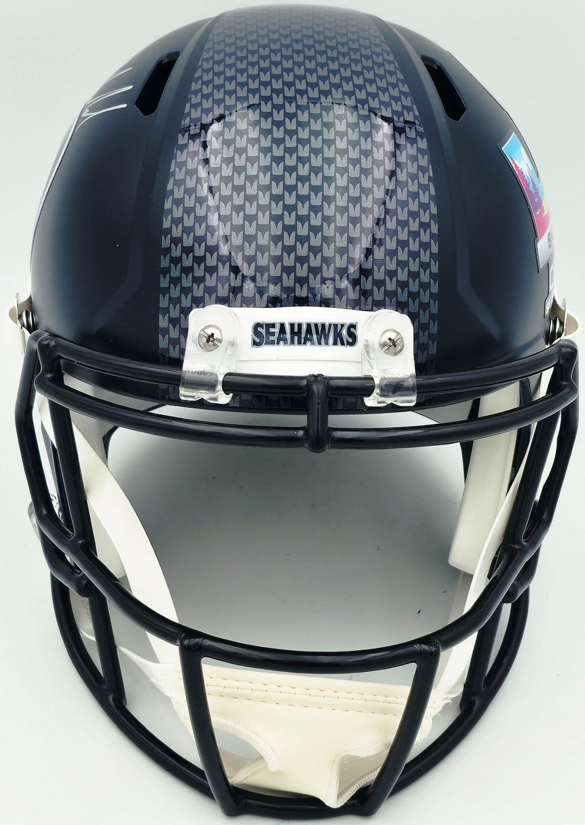 Mike Macdonald Autographed Seattle Seahawks Blue Full Size Super Bowl LX Champions Logo Speed Replica Helmet (Signed Twice) Beckett BAS Witness #4W801973