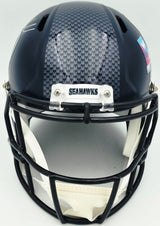 Mike Macdonald Autographed Seattle Seahawks Blue Full Size Super Bowl LX Champions Logo Speed Replica Helmet (Signed Twice) Beckett BAS Witness #4W801973