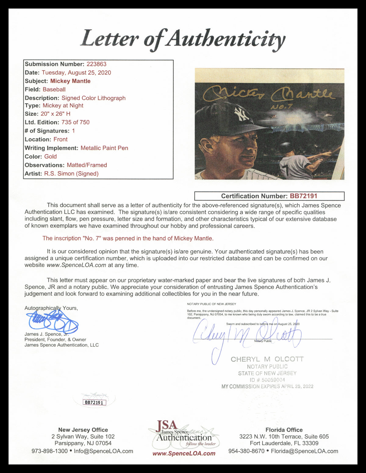 Mickey Mantle Autographed Framed 20x24 Photo New York Yankees "No. 7" JSA #BB72191