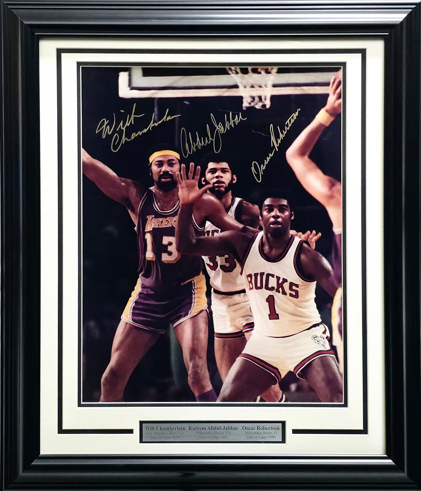 Wilt Chamberlain, Kareem Abdul Jabbar & Oscar Roberton Autographed Framed 16x20 Photo Auto Grade Gem Mint 10 Beckett BAS #AE16662