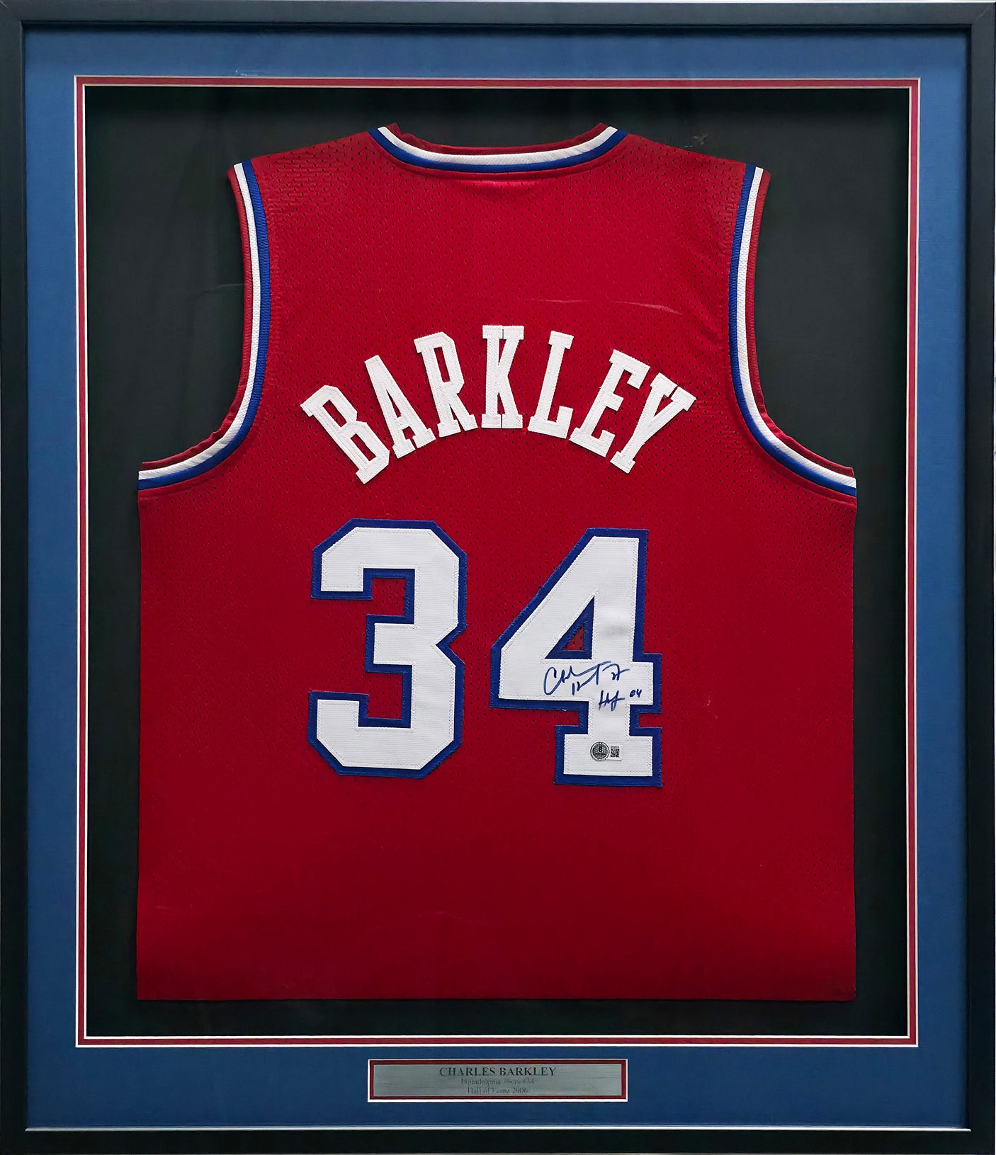 Philadelphia 76ers Charles Barkley Autographed Framed Red Jersey Beckett BAS QR #BS30310
