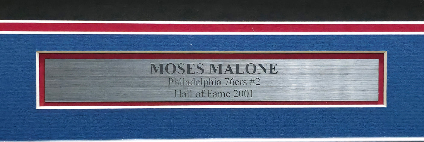 Philadelphia 76ers Moses Malone Autographed Framed Red Jersey "HOF 2001" Beckett BAS QR #BS30061