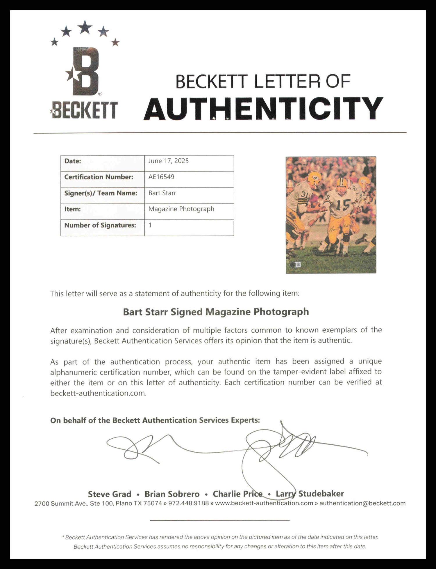 Bart Starr Autographed Framed 8x11.5 Magazine Page Photo Green Bay Packers Beckett BAS #AE16549