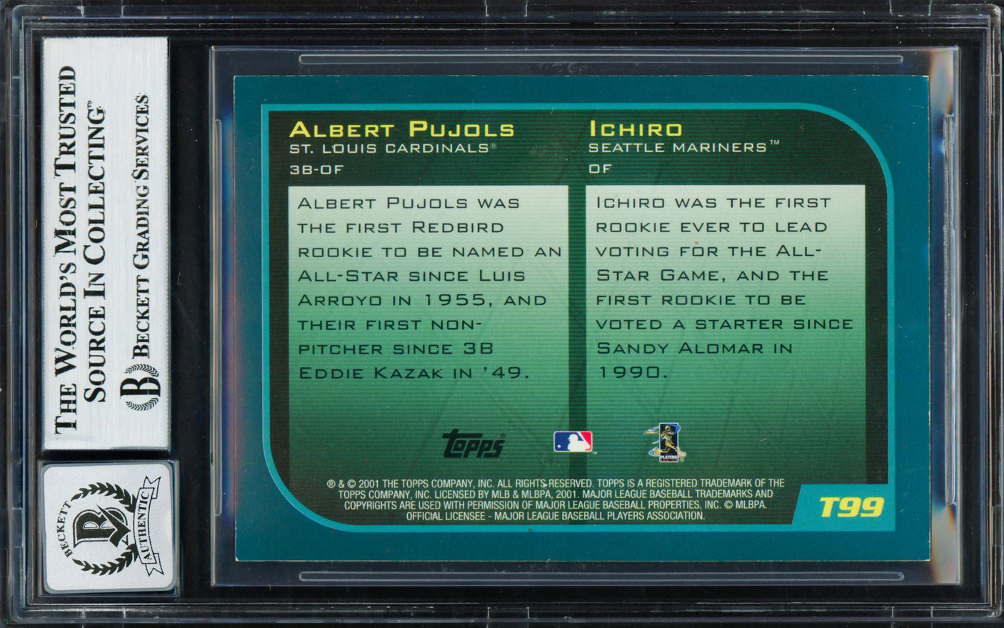 Albert Pujols & Ichiro Suzuki Autographed 2001 Topps Traded Rookie Card #T99 Auto Grade Gem Mint 10 "01 ROY" Beckett BAS #18630007