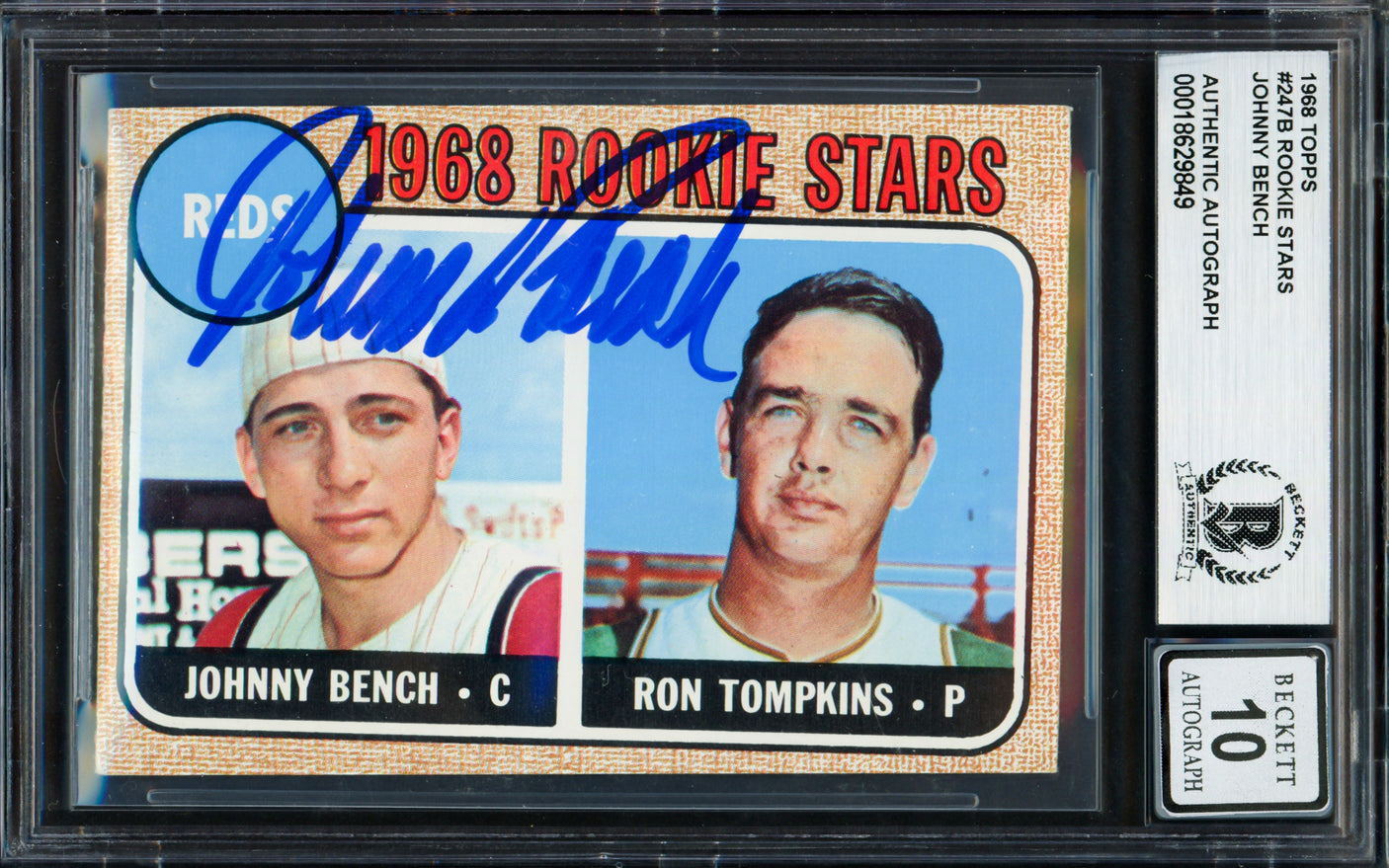 Johnny Bench Autographed 1968 Topps Rookie Card #247 Cincinnati Reds Auto Grade Gem Mint 10 Beckett BAS #18629849