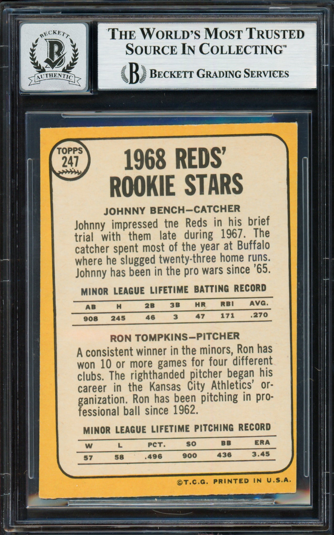 Johnny Bench Autographed 1968 Topps Rookie Card #247 Cincinnati Reds Auto Grade Gem Mint 10 Beckett BAS #18629849