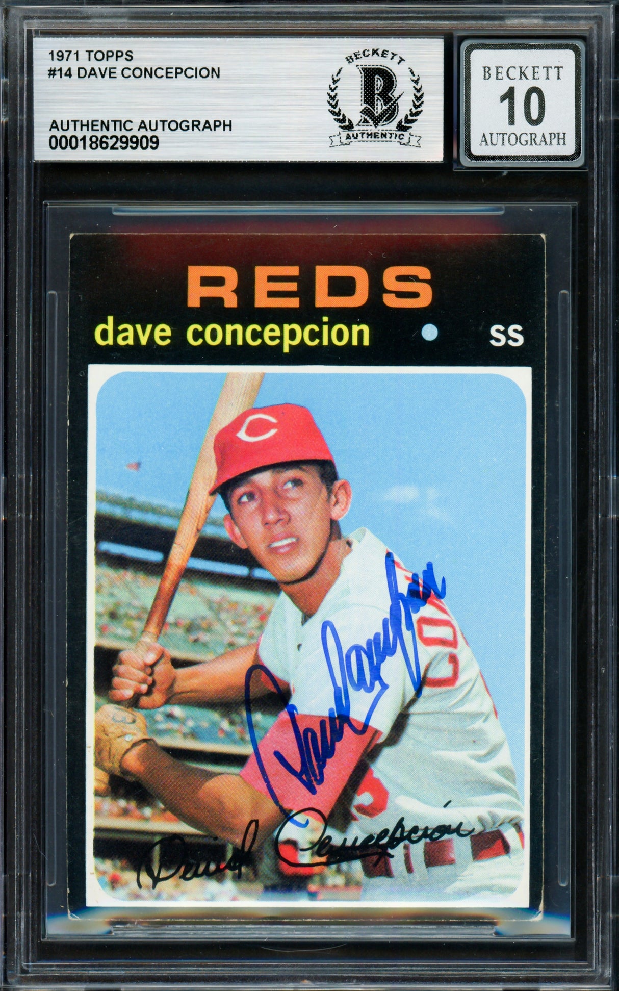 Dave Concepcion Autographed 1971 Topps Rookie Card #14 Cincinnati Reds Auto Grade Gem Mint 10 Beckett BAS #18629909