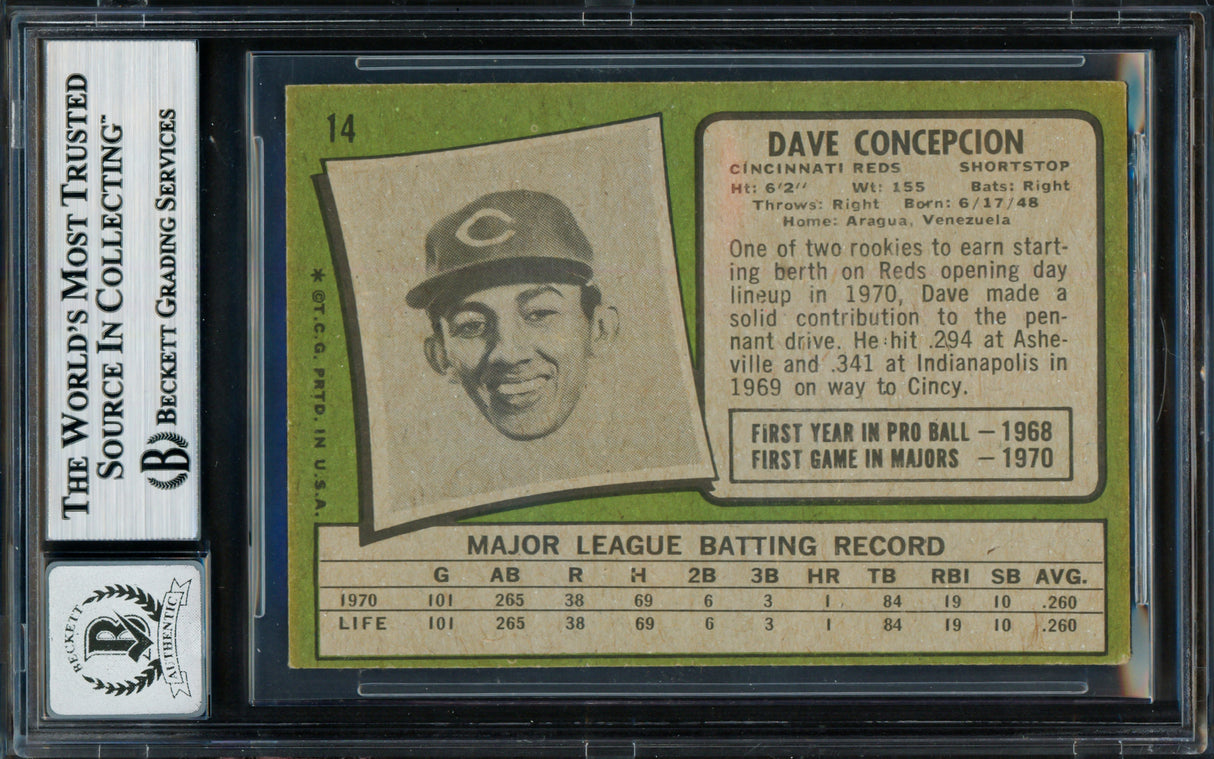 Dave Concepcion Autographed 1971 Topps Rookie Card #14 Cincinnati Reds Auto Grade Gem Mint 10 Beckett BAS #18629909