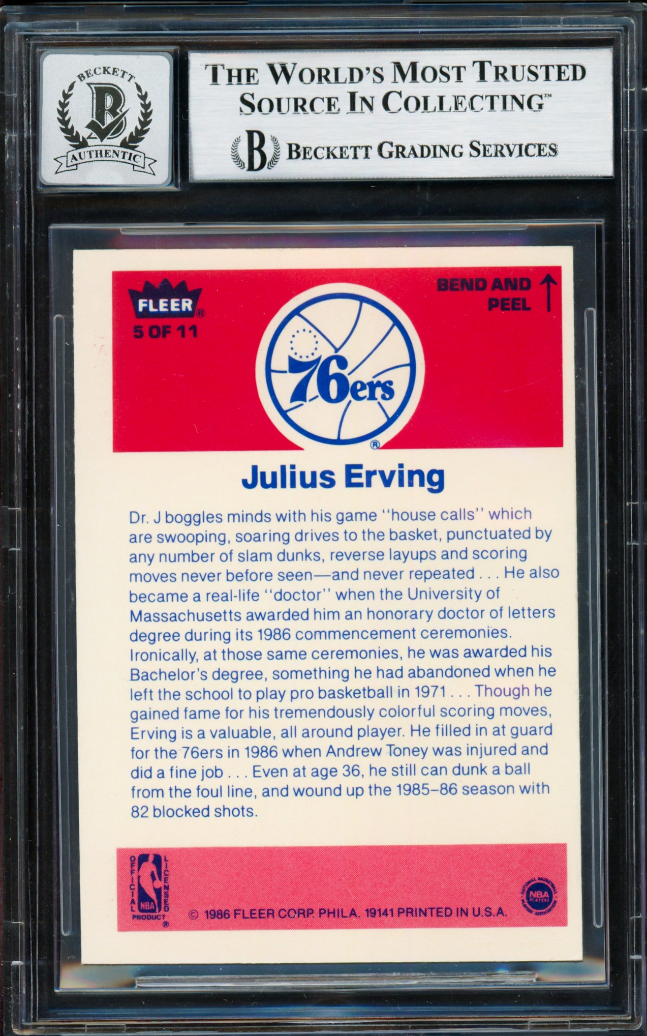 Julius Dr. J Erving Autographed 1986-87 Fleer Sticker Card #5 Philadelphia 76ers Auto Grade Gem Mint 10 Beckett BAS #18629778