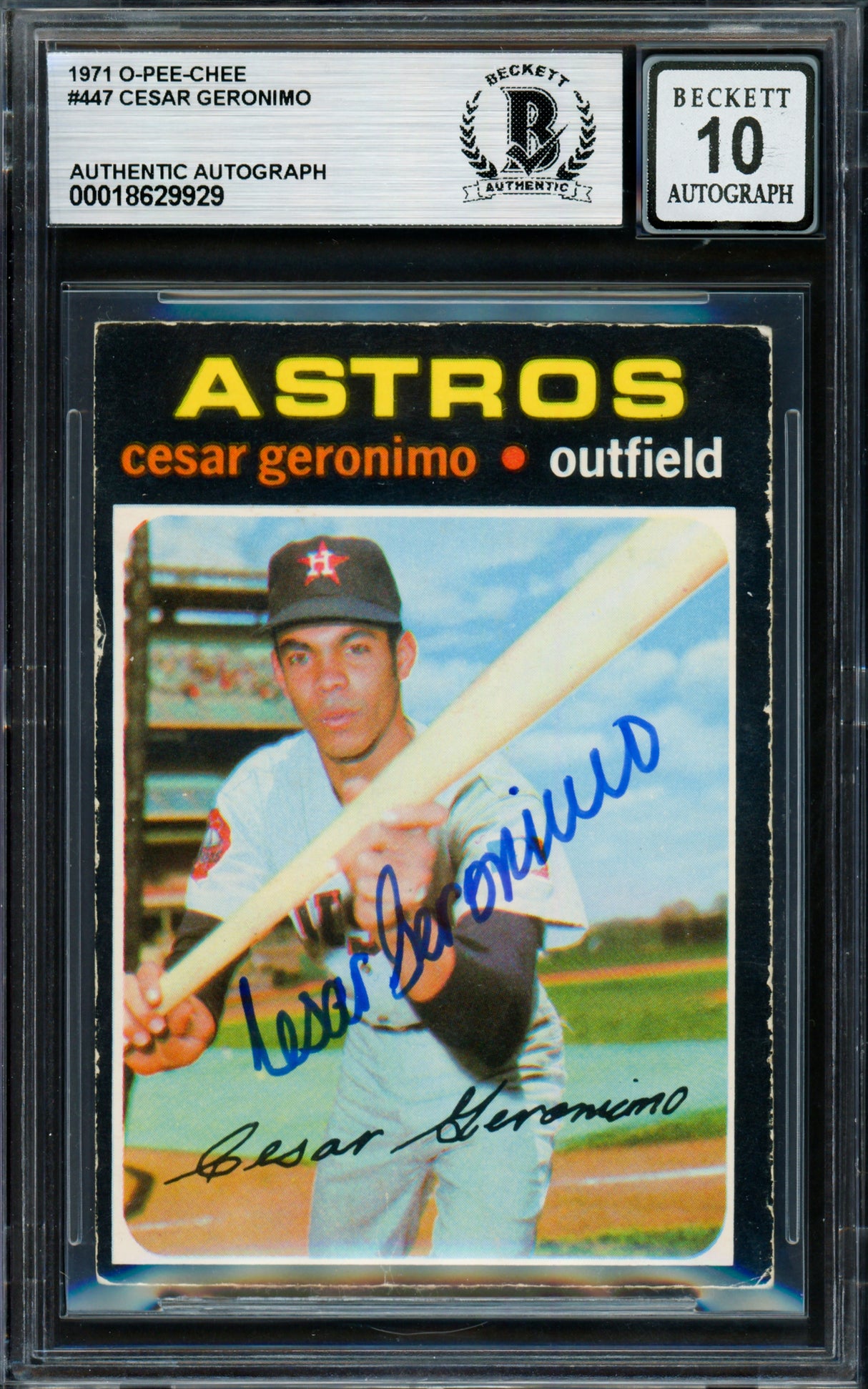 Cesar Geronimo Autographed 1971 O Pee Chee Rookie Card #447 Houston Astros Auto Grade Gem Mint 10 Beckett BAS #18629929
