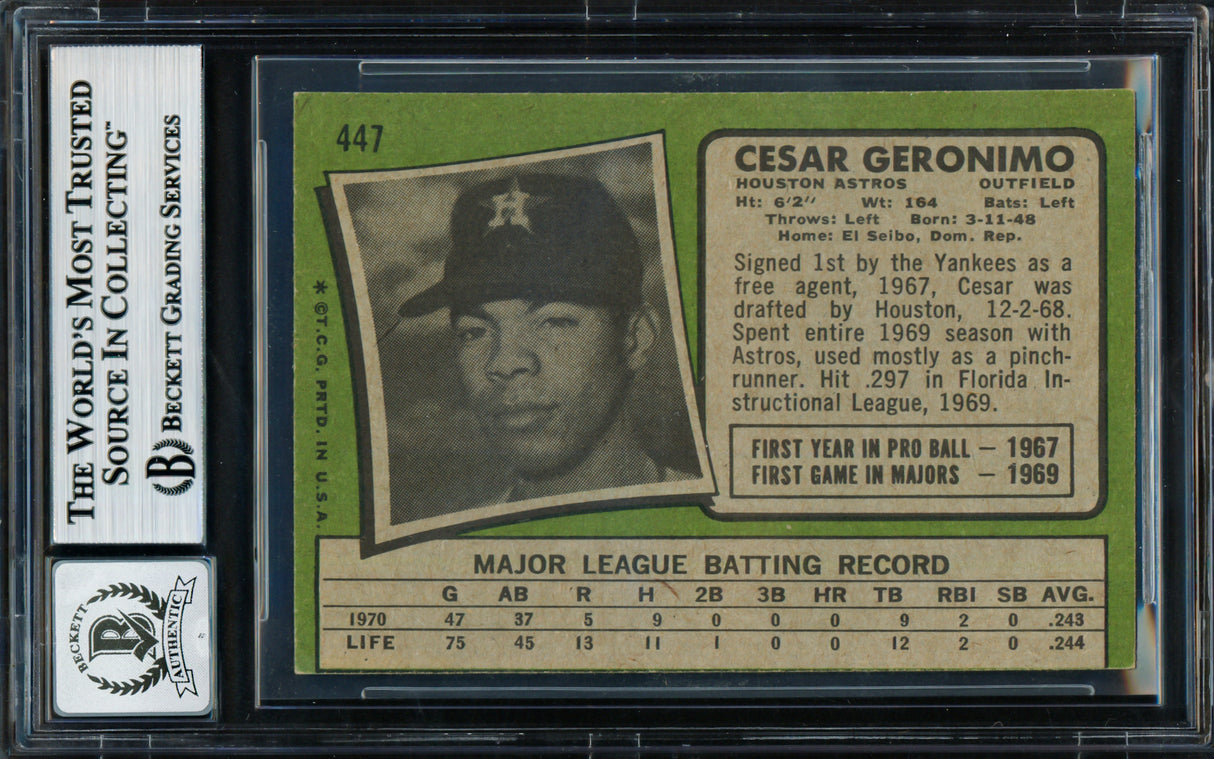Cesar Geronimo Autographed 1971 Topps Rookie Card #447 Houston Astros Auto Grade Gem Mint 10 Beckett BAS #18629941