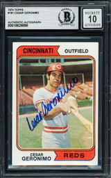 Cesar Geronimo Autographed 1974 Topps Card #181 Cincinnati Reds Auto Grade Gem Mint 10 Beckett BAS #18629898