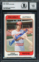 Cesar Geronimo Autographed 1974 Topps Card #181 Cincinnati Reds Auto Grade Gem Mint 10 Beckett BAS #18629899