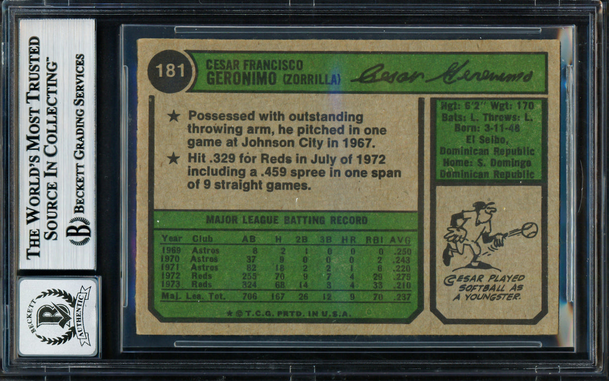 Cesar Geronimo Autographed 1974 Topps Card #181 Cincinnati Reds Auto Grade Gem Mint 10 Beckett BAS #18629899